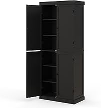 GiantexUK 184cm Tall Kitchen Cupboard, 6-Tier Pantry Storage Cabinet with 4 Doors, Adjustable Shelves & Anti-Tipping Device, Freestanding Kitchen Sideboard Units for Home Dining Living Room (Black)