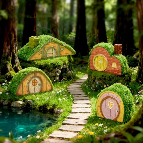 JARPSIRY Set of 4 Flocked Miniature Fairy Garden House Accessories Mini Resin Gnome Elf House Figurines for DIY Micro Landscape Decor Outdoor Bonsai Terrarium Planter Flower Pot Ornaments