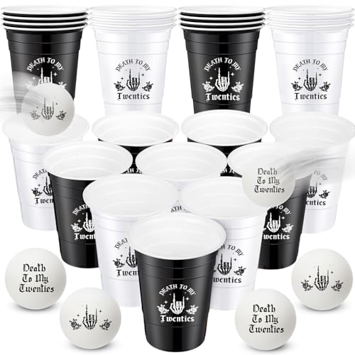 Seenelling 22 Pcs 16 Oz Plastic Cups with 8 Pcs Balls Game Set, Disposable Death to My Twenties Plastic Cups Gothic Theme Balls for Funny 30th Birthday Party Game Supplies