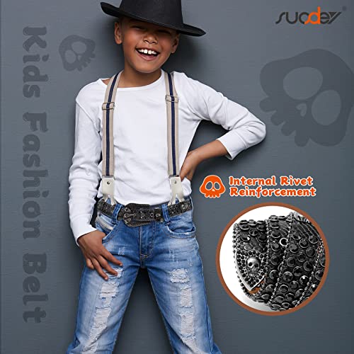 SUOSDEY Kids Rhinestone Belt Skull Stylish Leather Belt for Boys Girls, Western Bling Cowboy Cowgirl Belt for Jeans Pant2