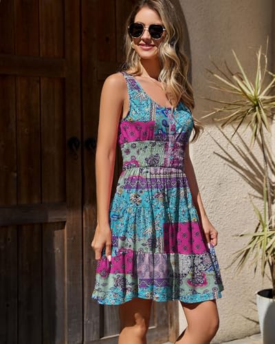 Image of Summer Dresses for Women Casual Sleeveless Sundresses Elastic Waist Mini Sun Dress