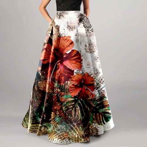 Womens Flowy Boho Floral Maxi Skirt Fall Casual High Waisted Mopping Floor Length A Line Long Skirts with Pockets3