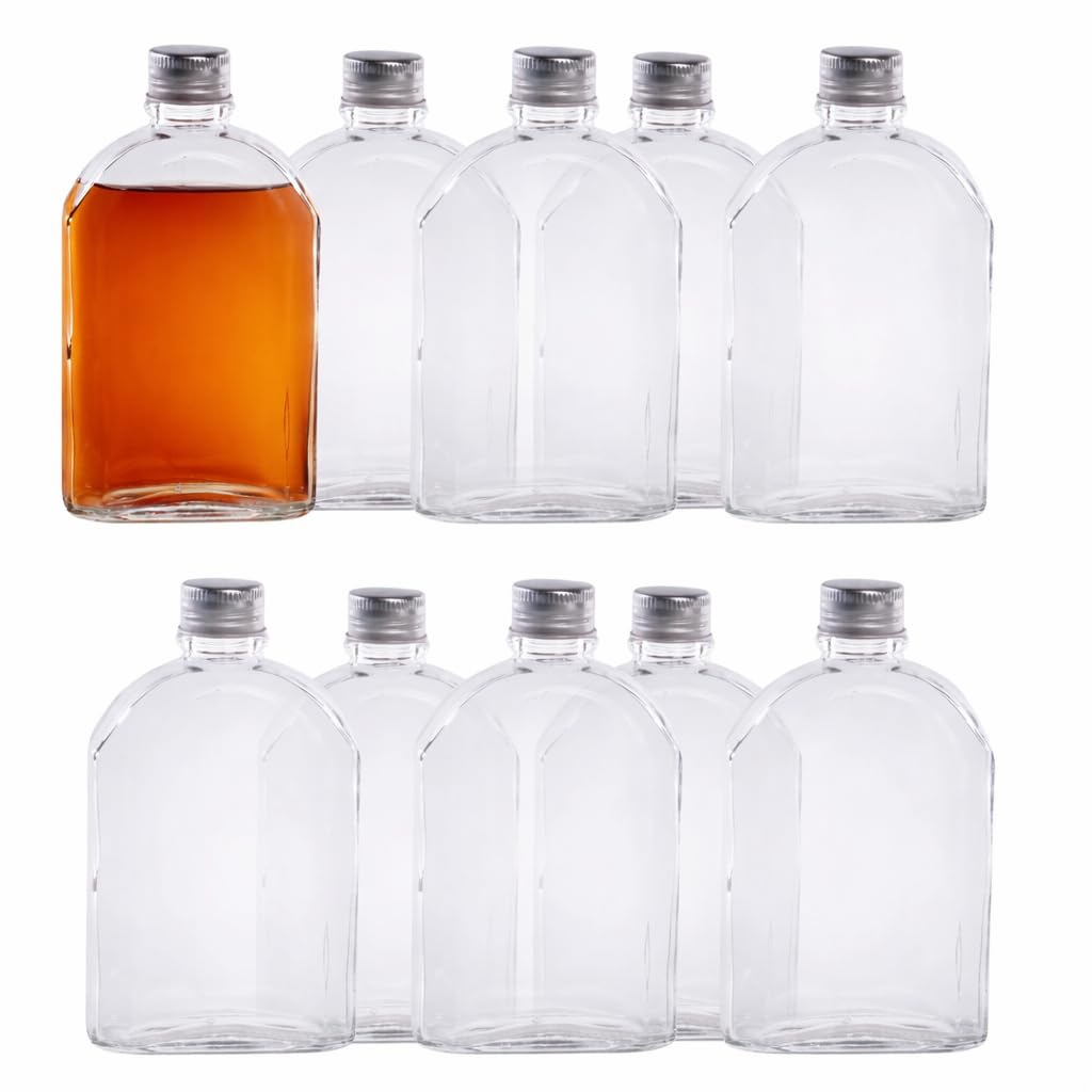 Magna Retail Clear 350Ml Glass Bottles With Lids | Pack Of 10 | Airtight Screw Cap | Reusable Hip Flask | Empty Glass Bottle For Sloe Gin, Whisky, Liqueur Or Homemade Vinegar & Sauces | Spell Jars (350Ml)
