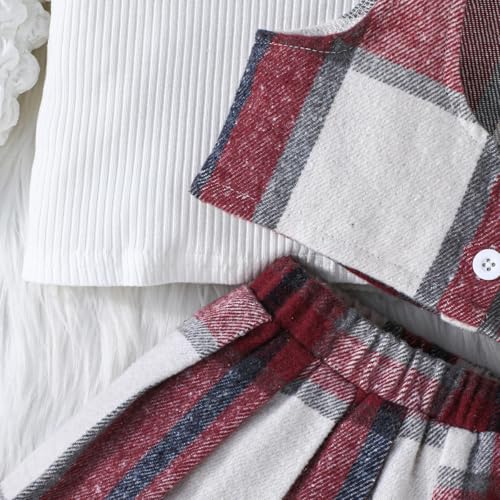 Image of Toddler Girls Christmas Outfits Girls Puff Sleeve Knit Ribbed Tops Button Down Vest Plaid Skirt Set Winter Clothes