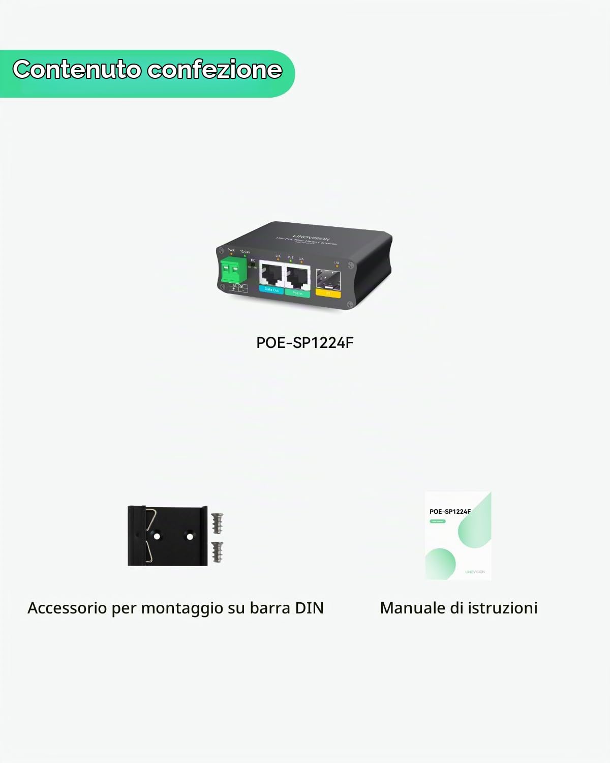 LINOVISION Convertitore di Media Fibra Alimentato via PoE con Uscita Aggiuntiva DC12V/24V e Gigabit Ethernet, Non Richiede Alimentazione CC Locale, Supporta Trasmissione Fibra a Lunga Distanza e Conne
