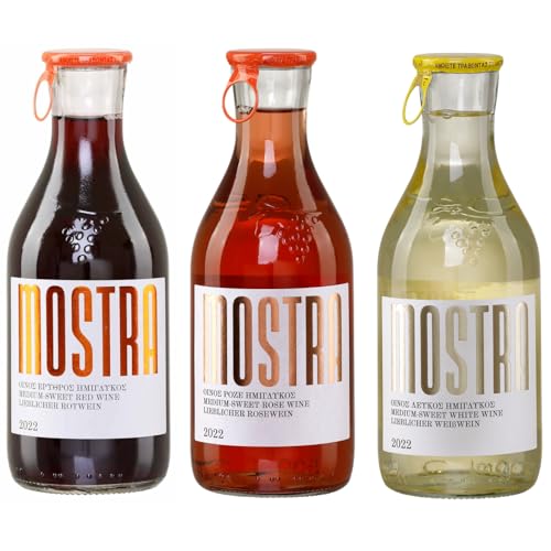 Wein Probierpaket lieblich 3x 0,5l von Tsililis | Mostra Rot, Rosé & Weiß | Griechische Qualitätsweine Imiglykos | Lieblich & blumig| Rotwein, Roséwein & Weißwein | + 20ml Jassas Olivenöl