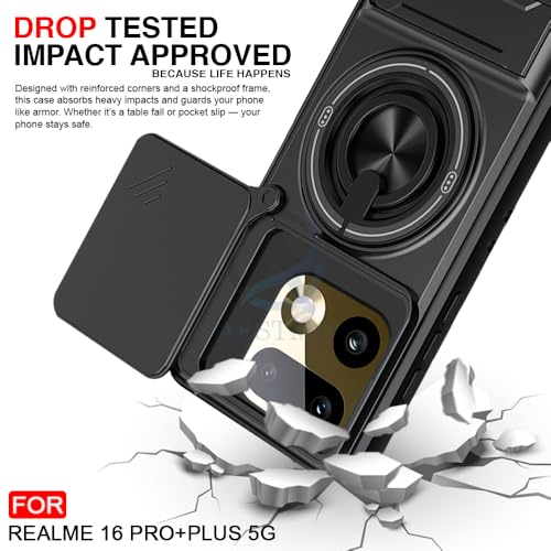 Image of AESTMO Realme 16 Pro Plus 5G Back Cover | Armor Camera Slider 360 Degree Rotating Finger Ring Holder Case with Bracket Stand Back Case Cover (Compatible with MagSafe Accessories) (Black)