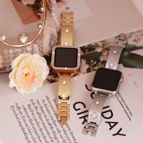JOYOZY Metal Band Compatible with Apple Watch Band 38mm 40mm 41mm 42mm 44mm 45mm 49mm Fancy Luxury Strap with Sparkle Diamond, Dressy iWatch Bracelet, Cute Daisy Band for Women