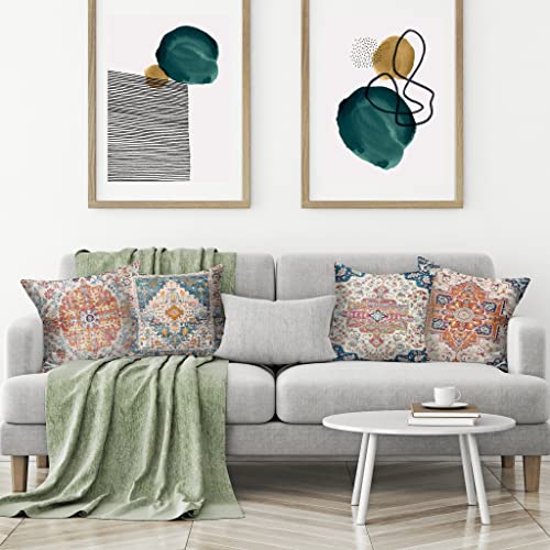 Lhaifa Boho Pillow Covers Carpet Pattern Decorative Pillow Covers Orange Blue Teal Retro Rust Floral Throw Pillow Covers 18X18 In Set Of 4 Linen Decorative Pillow Covers For Couch Living Room Sofa #TOP2