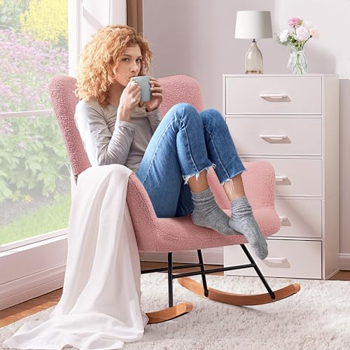 image for VECELO Rocking Chair Nursery,Teddy Upholstered Glider Rocker with High