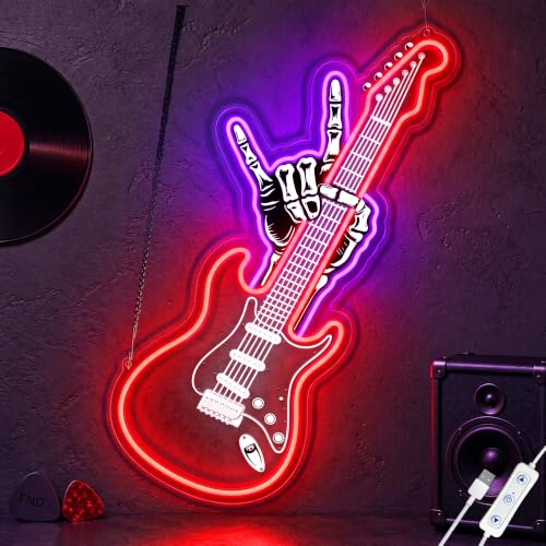 Image of PSPCBS Rock Hand Guitar Neon Sign, Electric Guitar LED Neon Light, USB Powered Dimmable Rock Music Wall Decor for Music Studio, Man Cave, Home Bar, Band Room, Gifts for Guitar Players