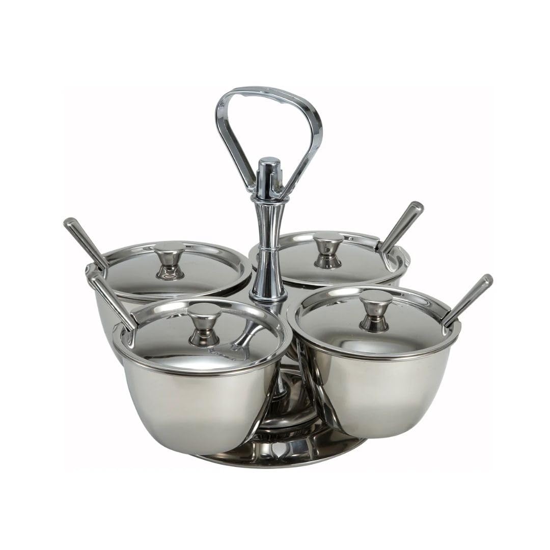 Soro Essentials- 4 Compartments Stainless Steel Relish Server 8 oz Capacity Per Cup- Serving Tray with Lid Condiment Server Condiment Serving Garnish Bar Container for Home Kitchen Restaurant