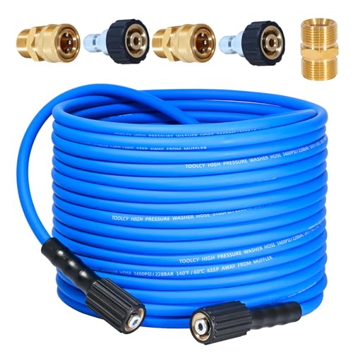 TOOLCY 3400 PSI Pressure Washer Hose 50ft Super Flexible Kink Resistant Power Washer Hose 1/4 Inch Replacement Power Wash Hose with M22 and 3/8