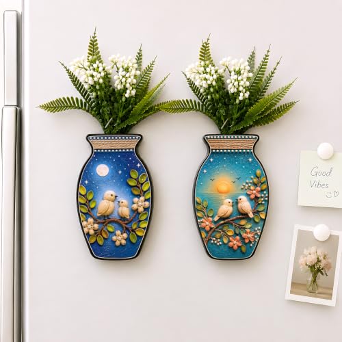Image of Regalo Casila Magnetic Artificial Flower Vase Fridge Magnets Set of 2 Bird Floral Art Nature Inspired Decorative Refrigerator Kitchen Home Office Decor Housewarming Gift