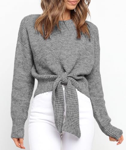 Okiwam Women's Long Sleeve Cropped Sweaters Casual Knit Pullover Tie Front Crew Neck Fall Outfits Fashion Clothes 20254