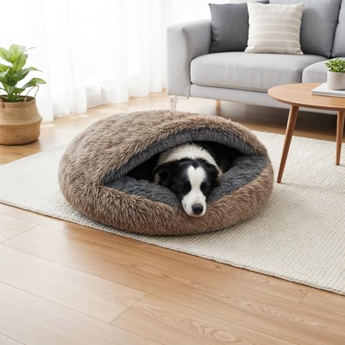 Hundebett Katzenschlafsack 2in1 - Kuschelhöhle & Schlafsack für Hunde und Katzen - Shaggy Fell außen, Sherpa innen - Durschmesser 80 cm - Anti-Slip Unterseite - Made in Poland - Größe XL Beige