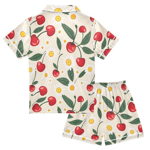 ALAZA Summer Daisy Cherry Fruit Satin Pajamas Set Short Sleeve Button Down Sleepwear Summer Pjs 2 Piece2