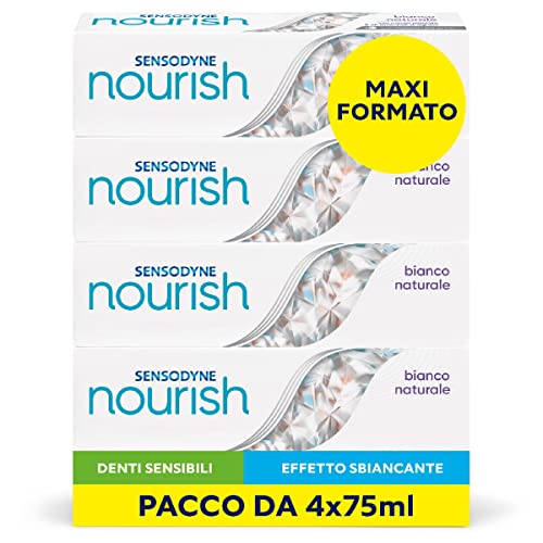 Sensodyne Dentifricio Nourish Whitening, Sbiancante, per Denti sensibili, forza e nutrimento attivo, Igiene dentale quotidiana, Pacco da 4x75ml