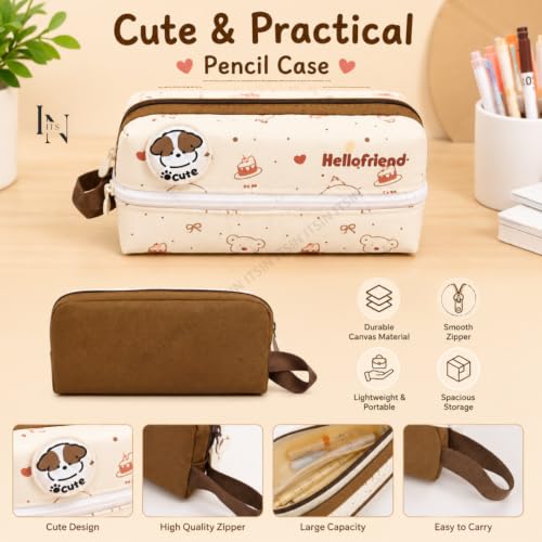 Image of Large Capacity Pencil Pouch Aesthetic Pencil Bag Multiple Compartments Girl Cute Stationery School College Pouch Travel Pouch for Girls Kids School Accessories (Beige Hello Friend)