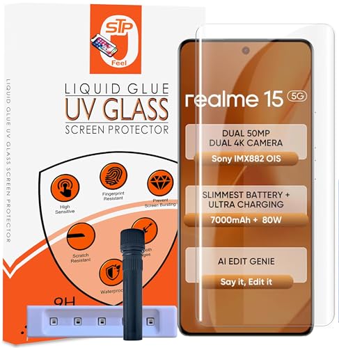 Image of STP FEEL UV HD+ Tempered Glass Screen Protector Guard Compatible For Realme 15 / Realme 15 Pro (6.8 Inch, Pack of 1) Full Adhesive UV Curved Case Friendly HD Clarity with easy installation kit