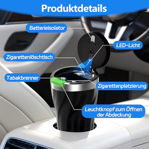 TAIHOBO Aschenbecher Auto, 2 Stück Auto Aschenbecher mit Deckel, Auto Mülleimer mit LED Licht, Aschenbecher für Unterwegs Büro Heim, Tragbarer Edelstahl Automülleimer Großem Fassungsvermögen Abnehmbar