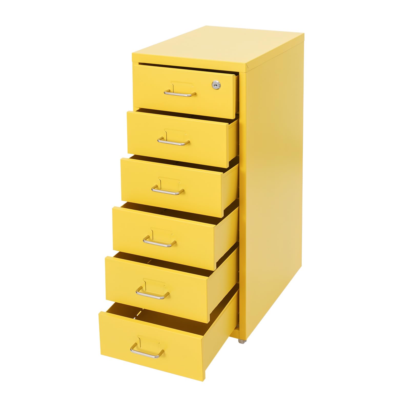 Cassettiera mobile, schedario con 6 cassetti, armadietto da ufficio con ruote, sottobase scrivania in metallo per documenti, giallo