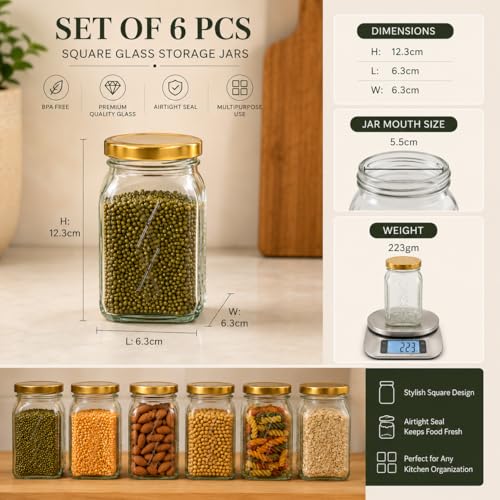 Image of Pure Source India Premium Clear 6 Pcs Glass Jar with Gold Lug Cap | Airtight Food Storage Jar for Honey, Jam, Pickles, Spices & Preserves (250 gm)