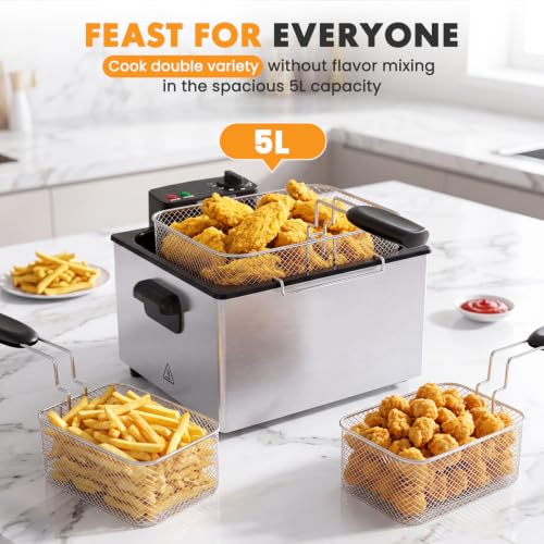 Image of NEWBULIG Deep Fryer with Basket, 5 Liter Electric Deep Fryer with 1800W Power, Adjustable Temperature, Lid with Viewing Window for Fried Chicken, Shrimp, French Fries, Silver