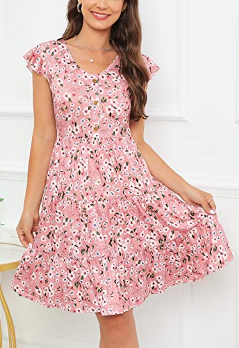 Image of Lamilus Summer Dresses for Women 2026 Ruffle Sleeve V Neck Non-See Through Tiered Babydoll Mini Dress Graduation Beach
