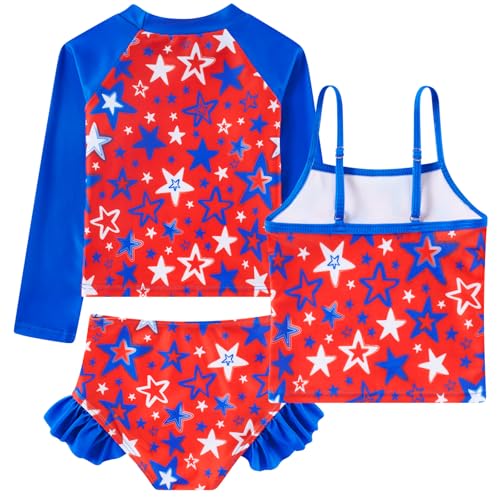 Image of Funnycokid Girls Swimsuit 3 Pieces Long Sleeve Rash Guard Set Tankini Bathing Suits Summer Kids Swimwear 3-10 Years