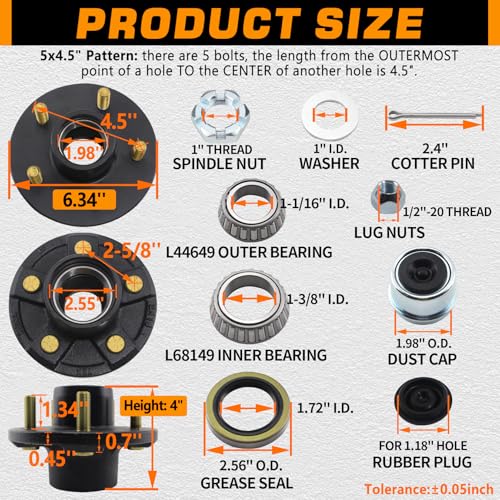 image for GREPSPUD 2 Sets Trailer Hub Kits 5 on 4.5'' for 3500 lbs 1-1/16'' to 1