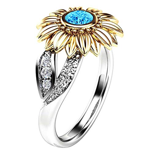 yibenwanligod Fashion Rhinestone Inlaid Sunflower Finger Ring Wedding Party Jewelry Gift for Women Girls Golden + Ocean Blue 6