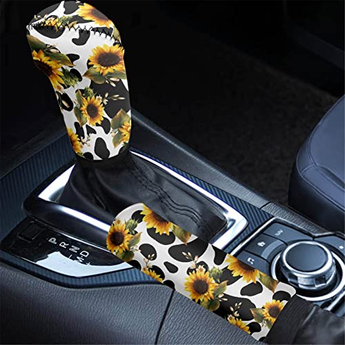 Jeocody Sunflower And Cow 1 Steering Wheels With 2 Auto Vehicle Cupholders + 1 Gear Shift Knob Cover + 1 Car Center Console Armrest Cover #TOP2