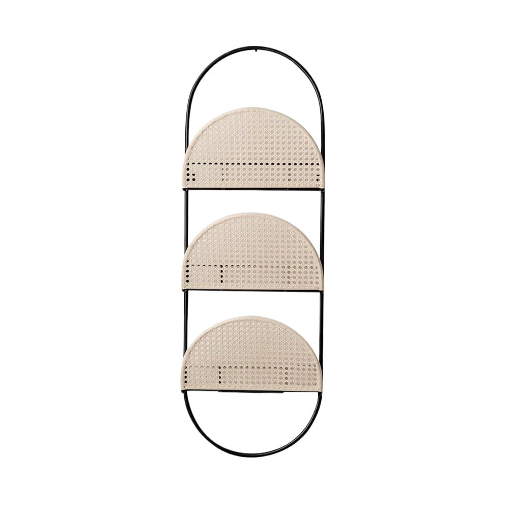 Estantería de hierro de pared geométrica con sujetalibros arqueados de tejido sintético para salón