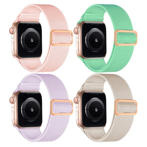 4 Pack Stretchy Solo Sport Band Compatible with Apple Watch Bands 40mm 44mm 45mm 46mm 42mm 41mm 49mm 38mm Women Men Nylon Elastic Loop Braided Strap for iWatch Series 11 10 9 8 7 6 5 4 Ultra SE 3 2 1