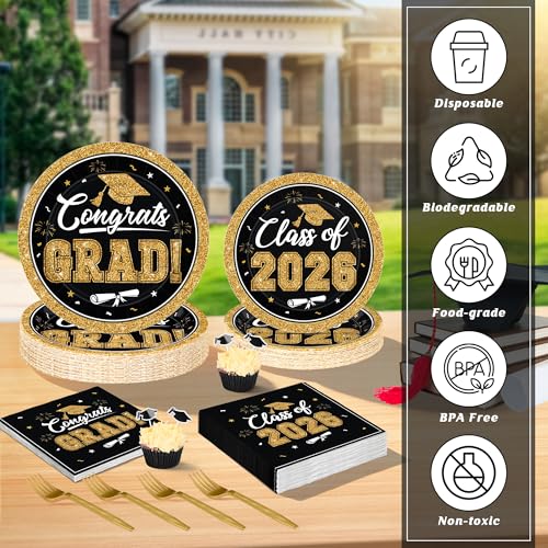 Image of QZYL 200Pcs Graduation Party Supplies 2026, Black and Gold Graduation Plates and Napkins, Disposable Grad Dessert Plates and Plastic Forks, Graduation Party Tableware for 50 Guests
