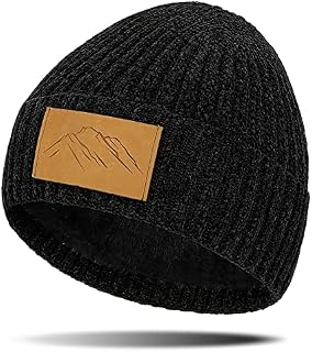 KQueenStar Direct Beanie Hat for Men - Mens Winter Hats Chenille with Thermal Fleece Lining Knitted Cuffed Skullies & Beanies Hats Warm Soft Stretchable Slouchy Skull Caps