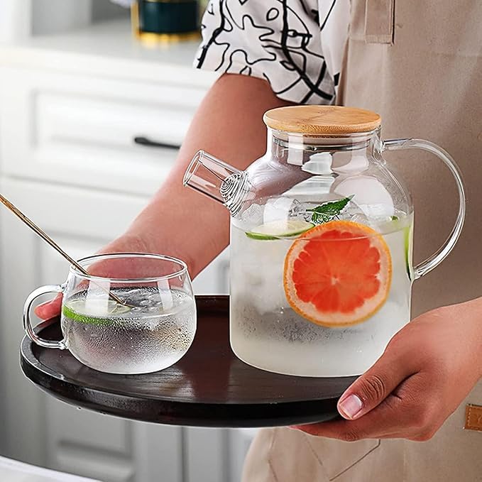 Image of PrimeWorld Glass Teapot with Removable Filter & Bamboo Lid - 1500ml | Fruit Infused Water Jar with Handle | Stovetop & Microwave Safe Tea Kettle for Blooming & Loose Leaf Tea