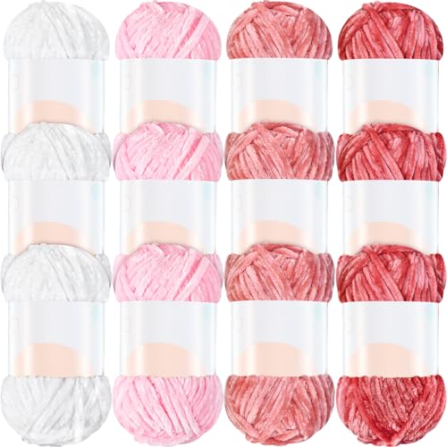 Image of Xinnun 12 Skeins 1116 Yards Chenille Velvet Soft Thick Plush Yarn Bulk for Crocheting Knitting Blanket DIY Weaving Craft, 6mm, 3.5 Oz /Skein(Pink Series)