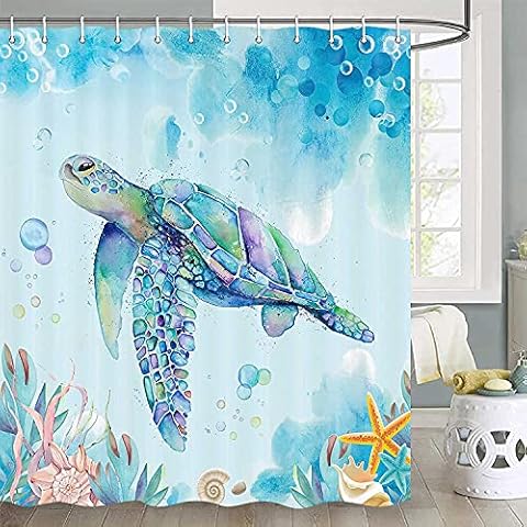lovedomi Sea Turtle Shower Curtain Underwater Seaweed Seashell Shower Curtain Marine Animals Blue Teal Ocean Shower Curtain Tropical Fish Shower Curtain Nautical Turtle Shower Curtain Set 60X72 Inch Cover