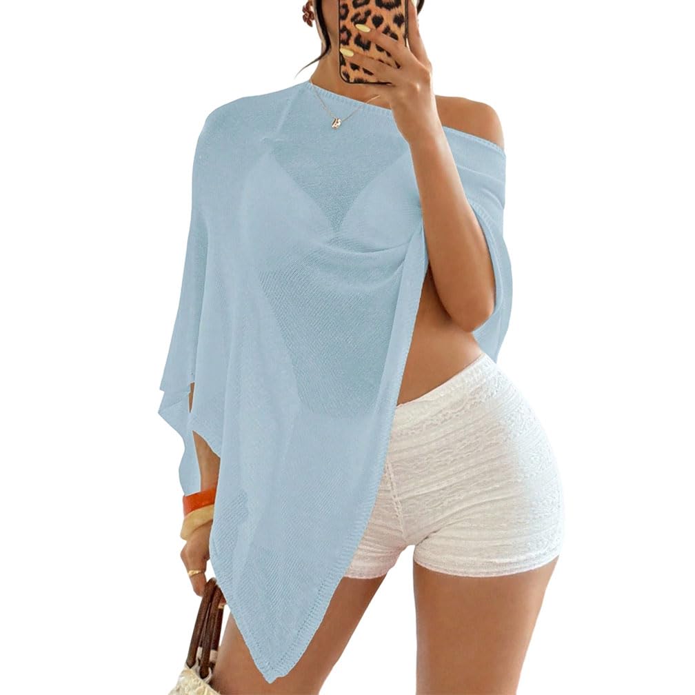 Women Y2K Off Shoulder See Through Sheer Knit Poncho Shawl Loose Batwing Sleeve Asymmetrical Mesh Shrug Bolero