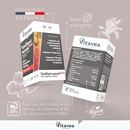 VITAVEA BIEN-ETRE Complément Alimentaire Tonifiant Sexuel Intense pour Homme - Performance, Vigueur, Endurance Sexuelle - Maca, Gingembre, Ginseng, 30 gélules - Cure de 15 jours - Fabriqué en France – Image 5