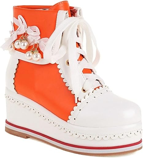 Amazon Co Jp ファッションプラスサイズ33 46厚底靴 セクシーな秋と冬の靴 スウィートレースアンクルブーツ 女性の丸いつま先ウェッジブーツ ハンサムなオールマッチマーティンブーツ Color Orange Shoe Size 28 シューズ バッグ