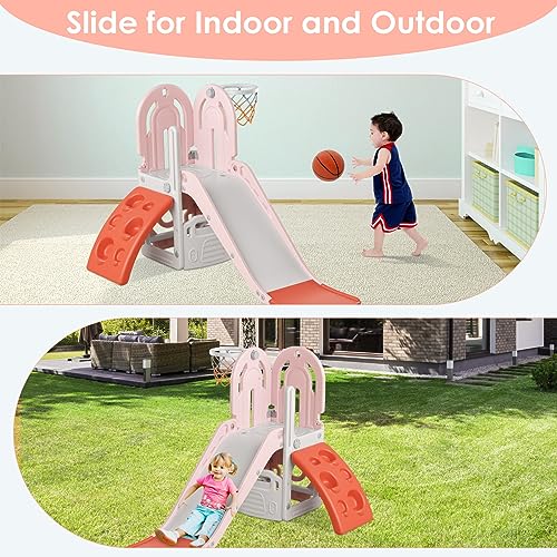 BIERUM 4 in 1 Toddler Slide, Slide for Toddlers Age 1-3 with Basketball Hoop and Ball, Slide for Kids, Indoor Outdoor Backyard Playground Climbing Theme Baby Slide Toy Pink Orange