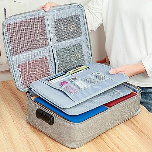 Image of Gray Cotton Document Storage Box with Lock, Multi-Layer Organizer, Portable File Storage Bag for Home Office Travel, A4, Legal Size Files, Cash, Jewelry, Passport, Certificates