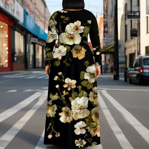 Image of PinkPatty Plus Size Maxi Dress for Curvy Women Crew Neck Long Sleeves Casual Dress Vacation Sundresses with Pockets