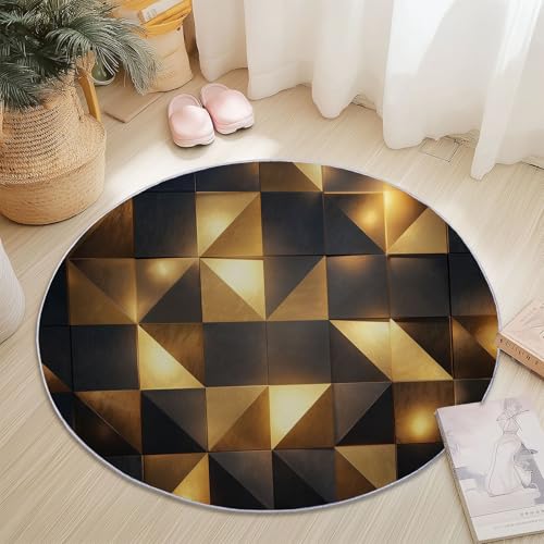 Alfombras Redondas Lavable 90 cm, Moderno Lujo Formas Geométricas Tema Alfombra Redonda para Sala de Estar Dormitorio Lavandería, Pelo Corto Antideslizante Alfombras, Dorado