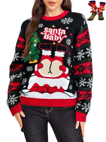 WIPONKEN Ugly Christmas Sweater for Women 2024 Funny Christmas Sweater Holiday Party Pullover Sweater Knit Tops