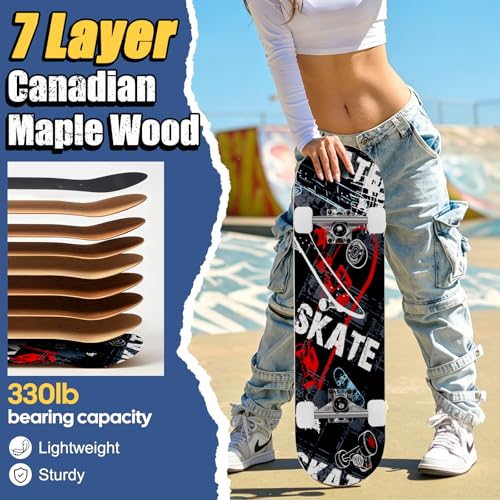 Image of Skateboards for Beginners Adults Youths Teens Kids Girls Boys 31 Inch Pro Complete Skate Boards 7 Layer Canadian Maple Double Kick Concave Longboards