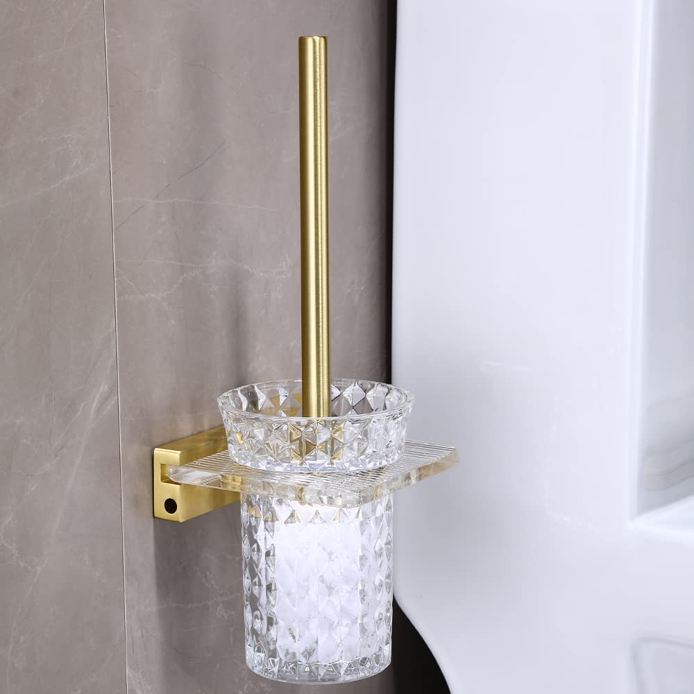 Juego de escobilla de inodoro y soporte para montaje en pared, acabado de aluminio cepillado, cepillo de inodoro y kit de limpieza de soporte (oro cepillado)